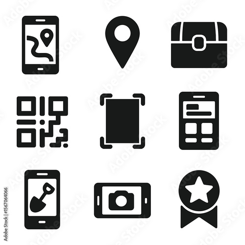 AR Game Icons. Solid, filled icon set of digital treasure hunts and AR games: phone map, location pin, digital chest, QR code,