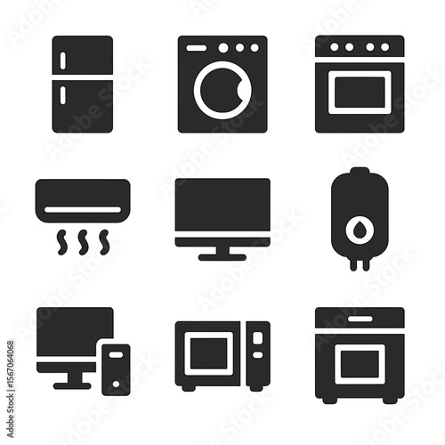 Appliance Icon Grid. Solid, filled icon set of appliance usage breakdown: refrigerator, washing machine, oven, air conditioner,