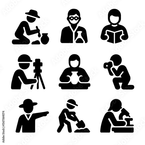 Archaeology Team Icons. Solid, filled icon set of archaeological team roles: archaeologist, lab technician, historian, surveyor,