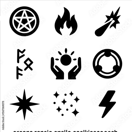 Arcane Magic Icon Set. Solid, filled icon set of arcane magic spells: spell circle, magical flames, energy beam, runic script,