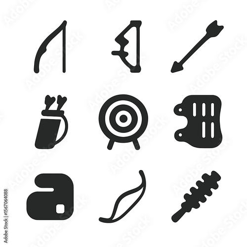 Archery Equipment Icons. Solid, filled icon set of archery equipment: recurve bow, compound bow, arrow, quiver, target, arm guard,