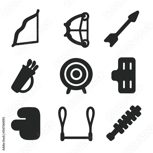 Archery Equipment Icons. Solid, filled icon set of archery equipment: recurve bow, compound bow, arrow, quiver, target, arm guard,