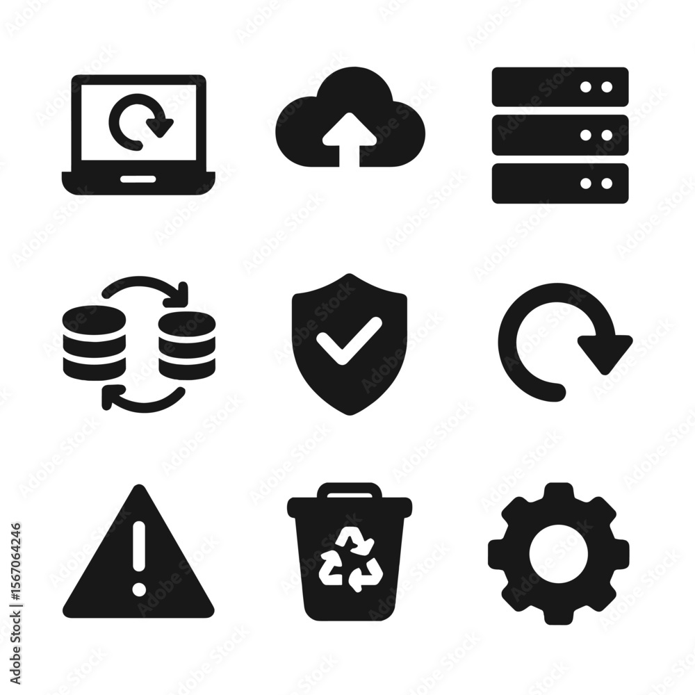 Backup Workflow Icons. Solid, filled icon set of backup workflow: laptop backup, cloud upload, server storage, database sync, Backup Workflow Icons. Solid, filled icon set of backup workflow: laptop backup, cloud upload, server storage, database sync,