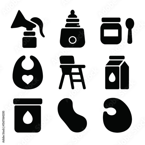 Baby Feeding Icons. Solid, filled icon set of baby feeding: breast pump, bottle warmer, baby food jar, spoon, bib, high chair,