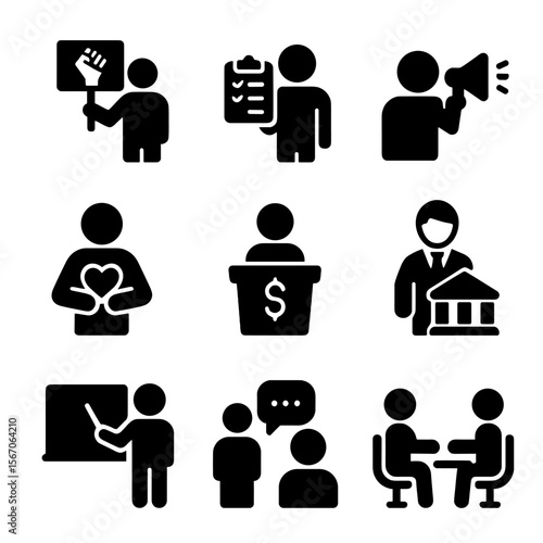Advocacy Roles Icons. Solid, filled icon set of advocacy roles: activist, organizer, speaker, volunteer, fundraiser, lawyer,