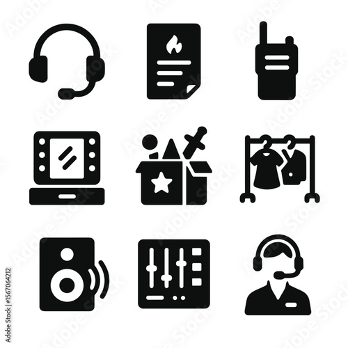 Backstage Icon Set. Solid, filled icon set of backstage activity: headset mic, script notes, walkie talkie, makeup mirror, prop