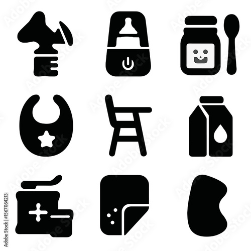 Baby Feeding Icons. Solid, filled icon set of baby feeding: breast pump, bottle warmer, baby food jar, spoon, bib, high chair,