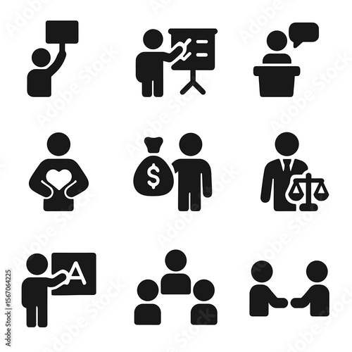 Advocacy Roles Icons. Solid, filled icon set of advocacy roles: activist, organizer, speaker, volunteer, fundraiser, lawyer,