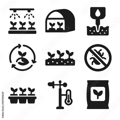 Agricultural Adaptation Icons. Solid, filled icon set of agricultural adaptations: irrigation system, greenhouse, soil moisture
