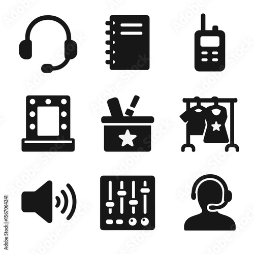 Backstage Icon Set. Solid, filled icon set of backstage activity: headset mic, script notes, walkie talkie, makeup mirror, prop