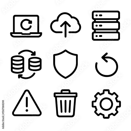 Backup Workflow Icons. Solid, filled icon set of backup workflow: laptop backup, cloud upload, server storage, database sync,
