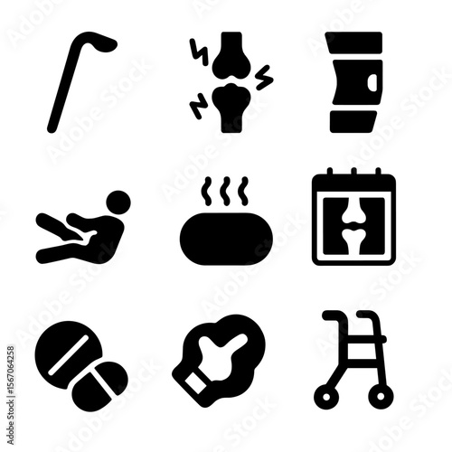 Arthritis Support Icons. Solid, filled icon set of arthritis and mobility support: walking cane, joint pain icon, knee brace, PT
