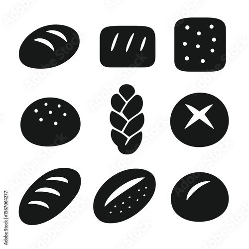 Artisan Bread Icons. Solid, filled icon set of artisan bakery goods: sourdough loaf, ciabatta, focaccia, seeded roll, braided