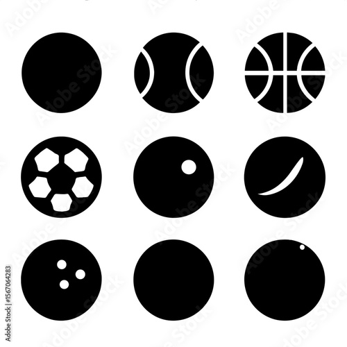 Ball Icon Grid. Solid, filled icon set of ball materials: rubber ball, tennis ball, basketball, soccer ball, ping pong ball,