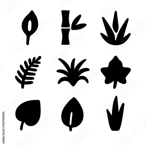 Air Purifying Plants Grid. Solid, filled icon set of natural air purification plants: peace lily flower, bamboo stalk, aloe leaf,