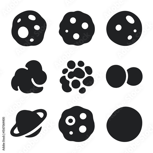 Asteroid Icon Grid. Solid, filled icon set of asteroid types: carbonaceous asteroid, silicate asteroid, metallic asteroid,
