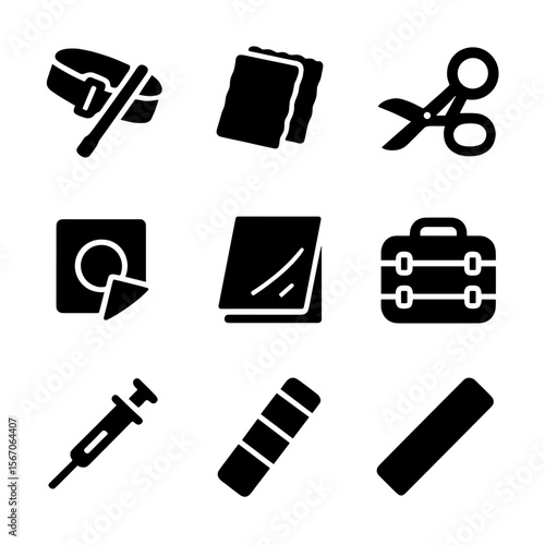 Battlefield Medical Tool Icons. Solid, filled icon set of battlefield medical tools: tourniquet, combat gauze, hemostatic dressing