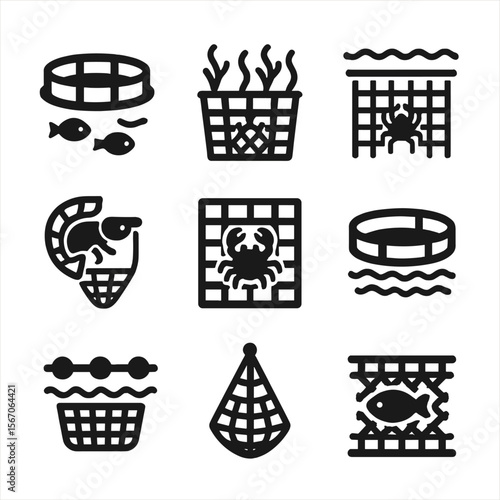 Aquaculture Nets Icons. Solid, filled icon set of aquaculture and marine nets: fish farm cage, algae net, underwater barrier,