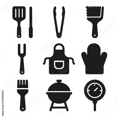 BBQ Tool Icons Grid. Solid, filled icon set of BBQ grilling tools: spatula, tongs, grill brush, meat fork, apron, BBQ gloves,