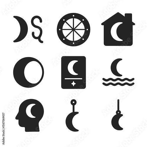 Astrological Moon Icons. Solid, filled icon set of astrology and the moon: moon zodiac sign, birth chart, moon in house icon, moon