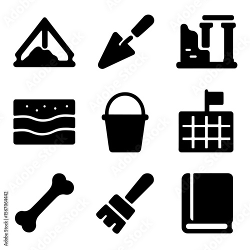 Archaeology Icon Grid. Solid, filled icon set of archaeology themes: excavation site, trowel tool, ancient ruins, stratigraphy