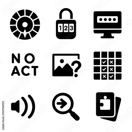 ARG Puzzle Icons. Solid, filled icon set of ARG puzzle mechanics: cipher wheel, numeric lock, code input, scrambled word, visual