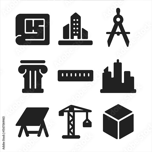 Architecture Icons Grid. Solid, filled icon set of architecture and design expo: blueprint, building model, compass, column, scale