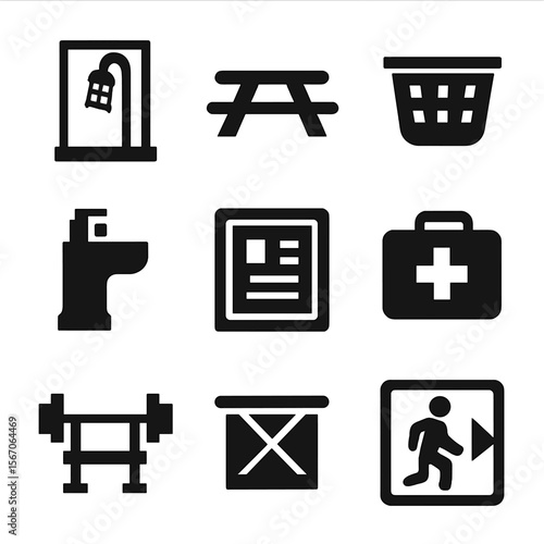 Army Barracks Icons. Solid, filled icon set of army barracks facilities: shower stall, communal table, laundry basket, water