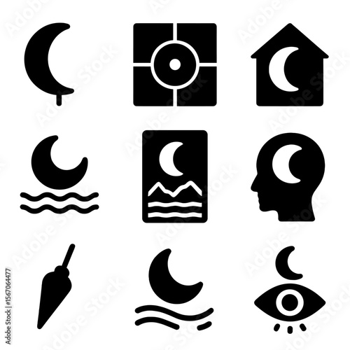 Astrological Moon Icons. Solid, filled icon set of astrology and the moon: moon zodiac sign, birth chart, moon in house icon, moon
