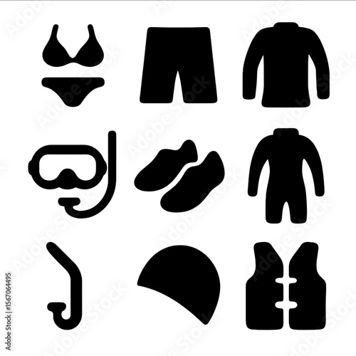 Beachwear Icon Grid. Solid, filled icon set of beachwear in saltwater: bikini, swim trunks, rash guard, diving mask, water shoes,