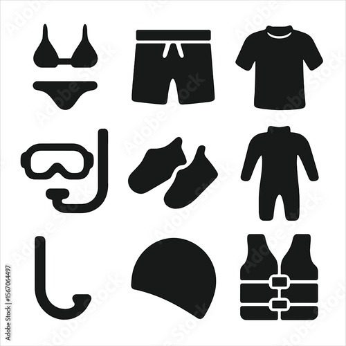 Beachwear Icon Grid. Solid, filled icon set of beachwear in saltwater: bikini, swim trunks, rash guard, diving mask, water shoes,
