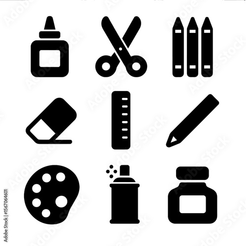Art Supplies Icons. Solid, filled icon set of art supplies: glue bottle, scissors, colored pencils, eraser, ruler, charcoal, paint