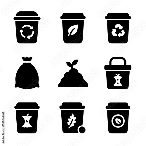 Biodegradable Waste Icons. Solid, filled icon set of biodegradable waste bins: compost bin, green waste bin, paper recycling bin,
