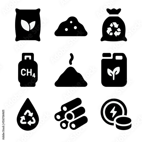 Bioenergy Byproducts Icons. Solid, filled icon set of bioenergy byproducts: fertilizer bag, nutrient rich soil, compost sack,