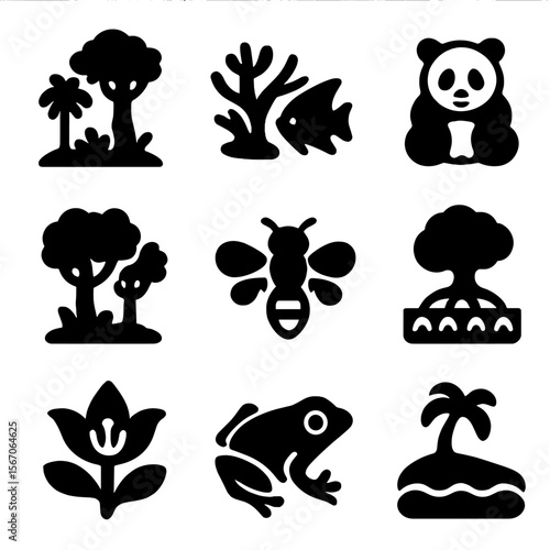 Biodiversity Icon Grid. Solid, filled icon set of biodiversity hotspots: tropical rainforest, coral reef, endangered species,