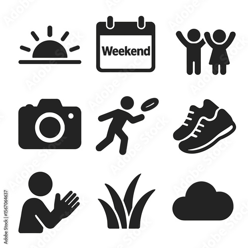 Active Weekend Icons. Solid, filled icons set of active weekend fun: sunrise icon, weekend calendar, kids