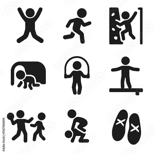 Active Kids Icons. Solid, filled icons set of energy-burning kids' activities: jumping icon, running child,