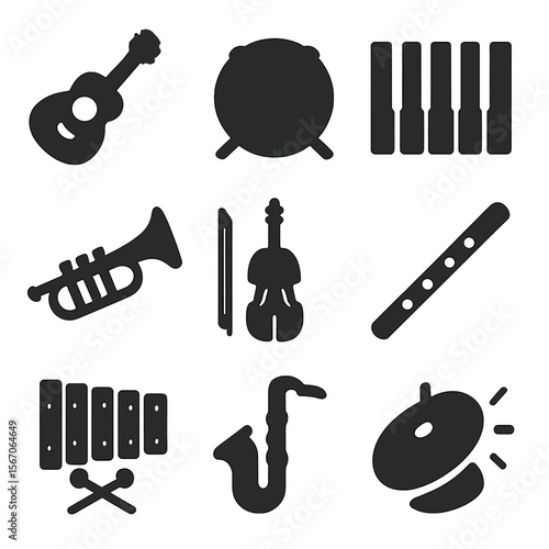 Acoustic Instruments Icons. Solid, filled icons set of acoustic instruments: guitar strings, drumhead, piano