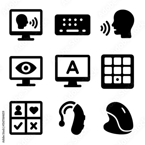 Assistive Tech Icons. Solid, filled icon set of assistive technologies in education: screen reader, Braille display,