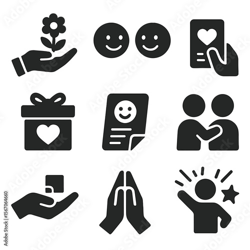 Acts of Kindness Icons. Solid, filled icons set of acts of kindness and encouragement: giving flower, smile
