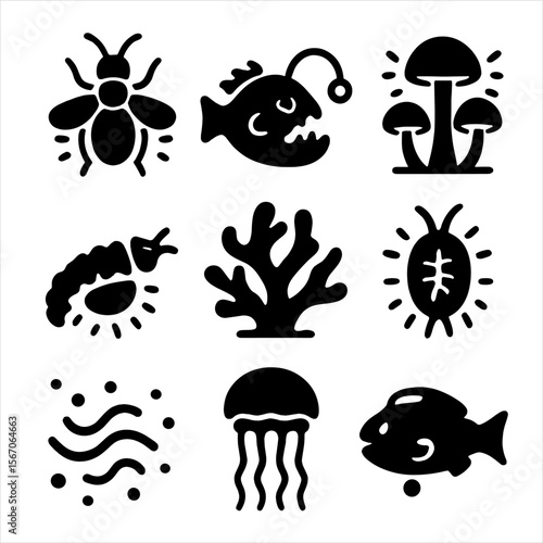 Bioluminescent Icon Grid. Solid, filled icon set of bioluminescent organisms used in art: firefly, deep-sea fish, glowing mushroom