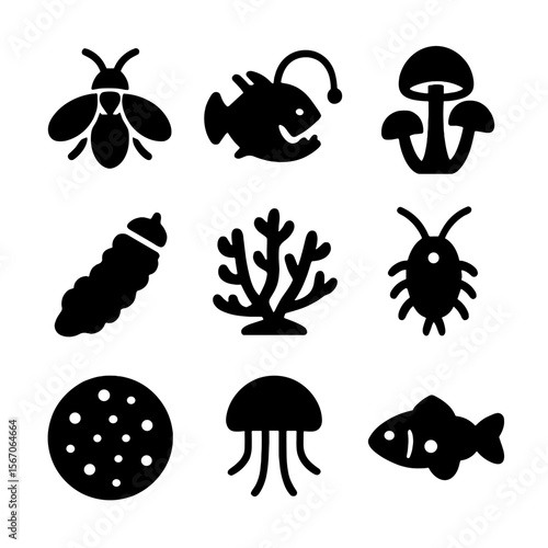 Bioluminescent Icon Grid. Solid, filled icon set of bioluminescent organisms used in art: firefly, deep-sea fish, glowing mushroom