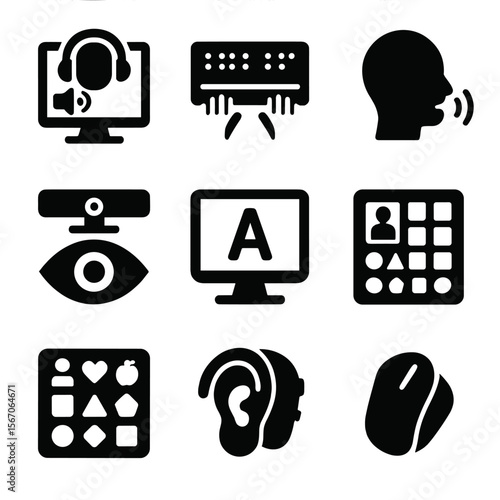 Assistive Tech Icons. Solid, filled icon set of assistive technologies in education: screen reader, Braille display,