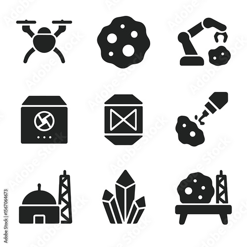 Asteroid Mining Icons. Solid, filled icon set of asteroid mining: mining drone, ore sample, robotic arm, processing unit, cargo