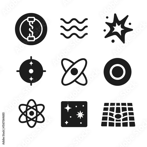 Astrophysics Icon Set. Solid, filled icon set of astrophysics and cosmology: particle accelerator, gravity waves, dark energy,