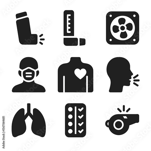 Asthma Care Icon Set. Solid, filled icon set of asthma care routine: inhaler, peak flow meter, air filter, allergen mask, chest