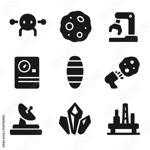Asteroid Mining Icons. Solid, filled icon set of asteroid mining: mining drone, ore sample, robotic arm, processing unit, cargo