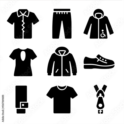 Adaptive Clothing Icons. Solid, filled icons set of adaptive clothing for people with disabilities: magnetic