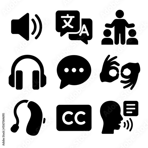 Assistive Communication Icons. Solid, filled icon set of Assisting with communication for someone with a speech or hearing