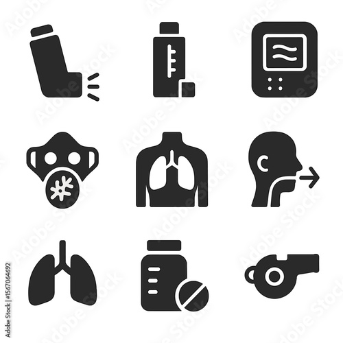Asthma Care Icon Set. Solid, filled icon set of asthma care routine: inhaler, peak flow meter, air filter, allergen mask, chest